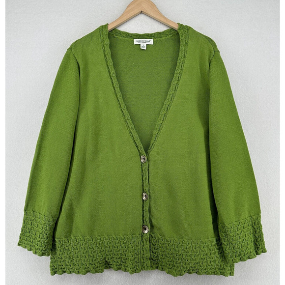 COLDWATER CREEK Cardigan 1X Plus Cable Trim Button Front Cotton Blend Green - Picture 1 of 14